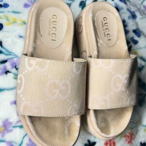 Gucci Cream GG Pattern Platform Slides